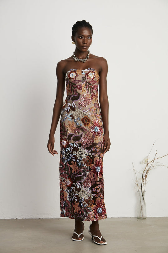 Michelina Floral Midi Dress Red & Multicolor Sequin Embellished Off-Shoulder Sleeveless Semi-Sheer Rear Slit Elegant Dress