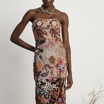 Michelina Floral Midi Dress Red & Multicolor Sequin Embellished Off-Shoulder Sleeveless Semi-Sheer Rear Slit Luxury Fashion