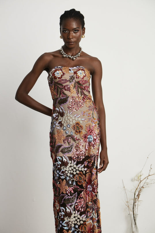 Michelina Floral Midi Dress Red & Multicolor Sequin Embellished Off-Shoulder Sleeveless Semi-Sheer Rear Slit Luxury Fashion