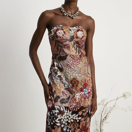 Michelina Floral Midi Dress Red & Multicolor Sequin Embellished Off-Shoulder Sleeveless