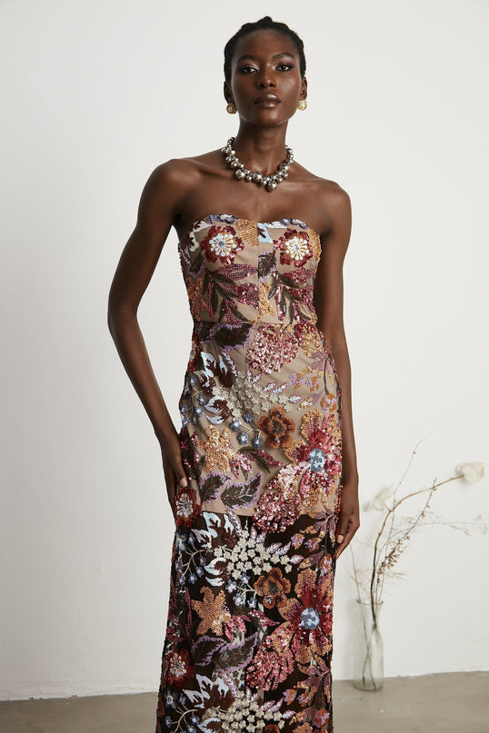 Michelina Floral Midi Dress Red & Multicolor Sequin Embellished Off-Shoulder Sleeveless