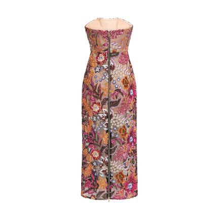 Michelina Floral Midi Dress Red & Multicolor Sequin Embellished Off-Shoulder Sleeveless Semi-Sheer Rear Slit Luxury Fashion