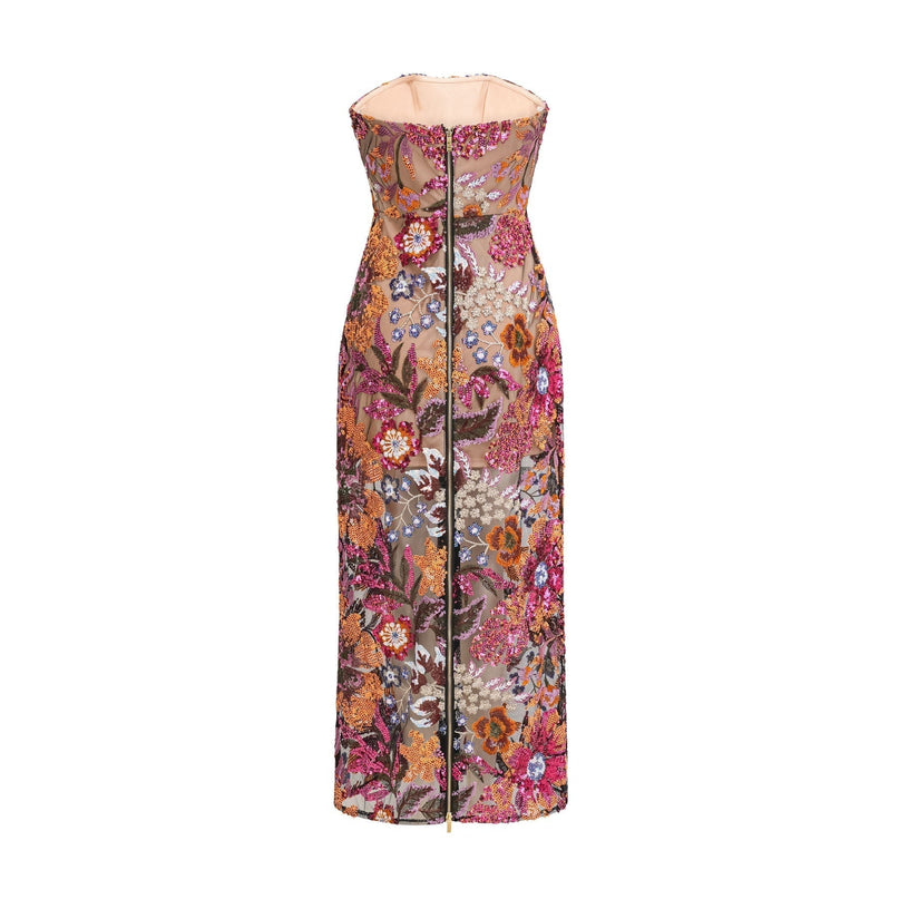 Michelina Floral Midi Dress Red & Multicolor Sequin Embellished Off-Shoulder Sleeveless Semi-Sheer Rear Slit Luxury Fashion