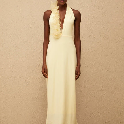 Michelina Yellow Maxi Dress Halterneck 3D-Petal Detailing Open Back Tulle Panelling Side Zip Fastening Terylene Fiber Special Occasions Formal Events