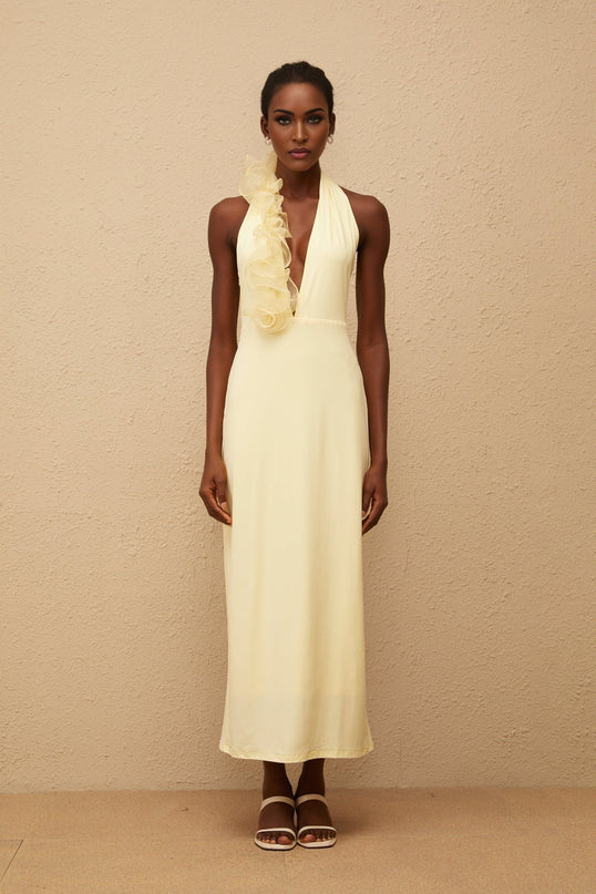 Michelina Yellow Maxi Dress Halterneck 3D-Petal Detailing Open Back Tulle Panelling Side Zip Fastening Terylene Fiber Special Occasions Formal Events