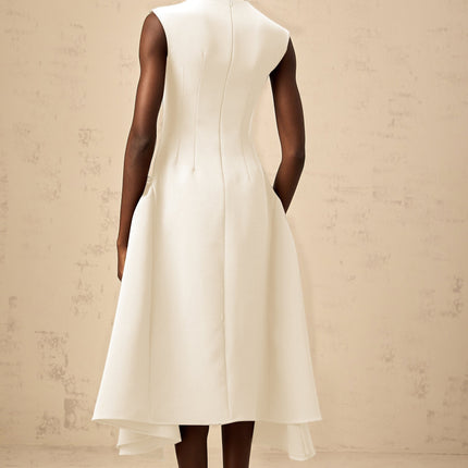 Michelina Midi Dress White Twill Weave Cape Sleeves Silver Hardware Full Skirt Fitted Waist Dart Detailing Rear Zip Fastening