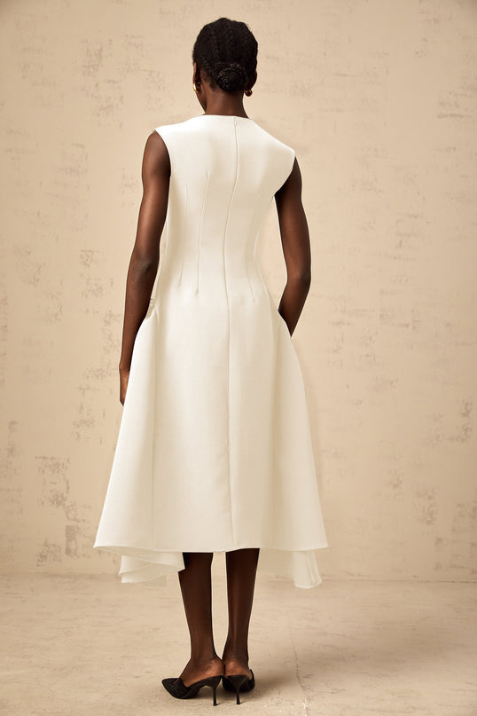 Michelina Midi Dress White Twill Weave Cape Sleeves Silver Hardware Full Skirt Fitted Waist Dart Detailing Rear Zip Fastening