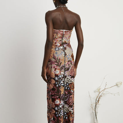 Michelina Red & Multicolor Floral Sequin Midi Dress