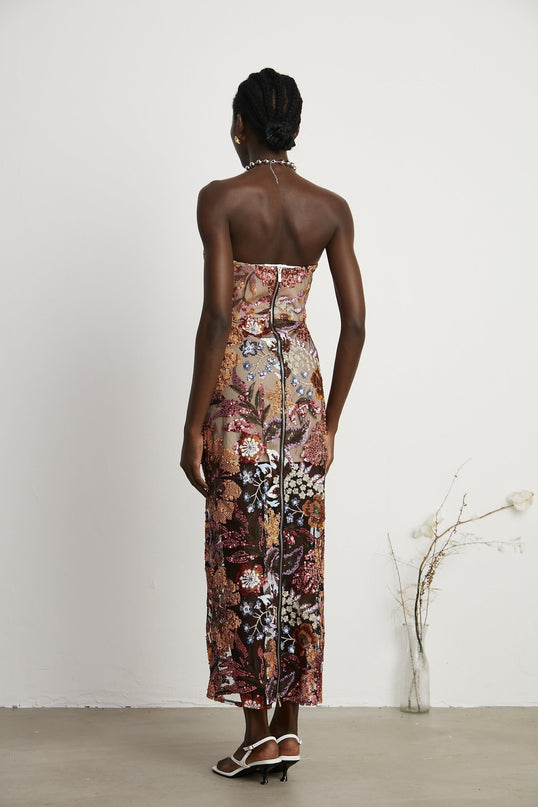 Michelina Red & Multicolor Floral Sequin Midi Dress