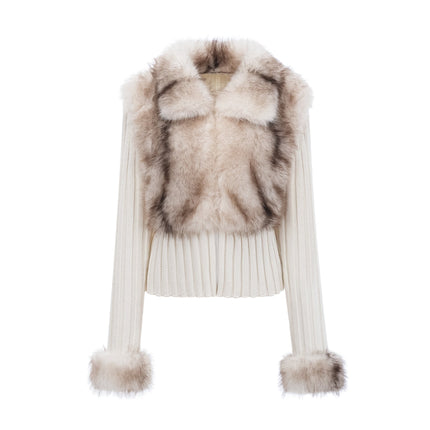 Michelina White and Brown Faux Fur Ribbed Knit Jacket