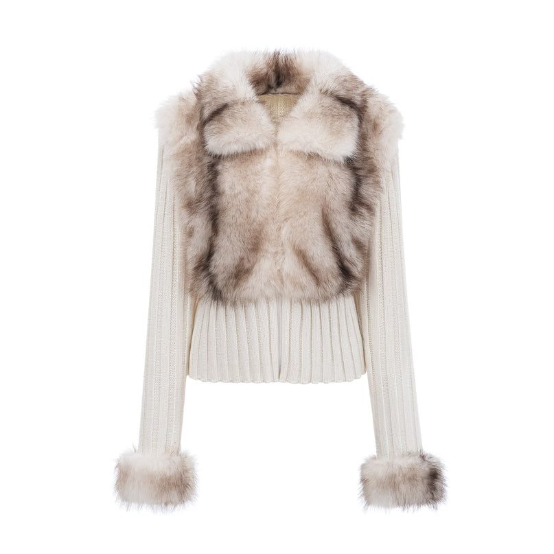 Michelina White and Brown Faux Fur Ribbed Knit Jacket