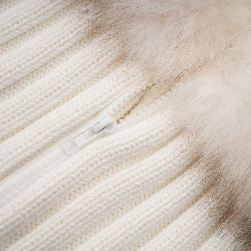 Michelina White and Brown Faux Fur Ribbed Knit Jacket