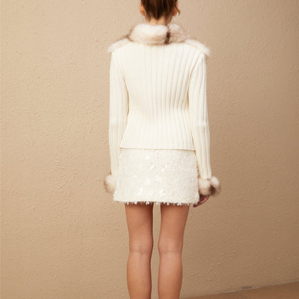 Michelina White and Brown Faux Fur Ribbed Knit Jacket
