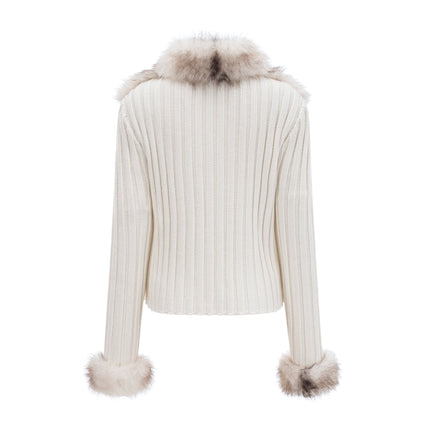 Michelina White and Brown Fur Ribbed Knit Jacket