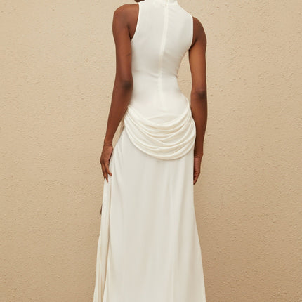 Michelina White Maxi Dress Turtleneck Waistline Train Design Ruched Embellishments Front Slit Rear Zip Fastening 100% Viscose