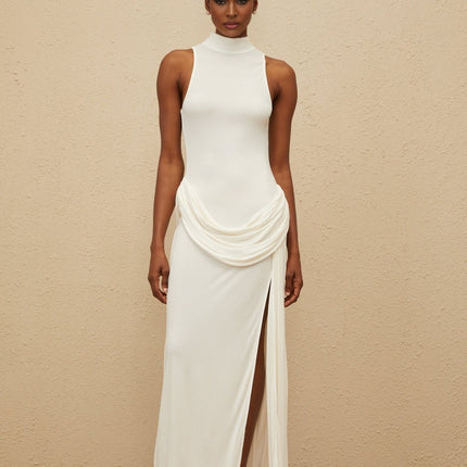 Michelina White Maxi Dress with Turtleneck and Ruched Embellishments