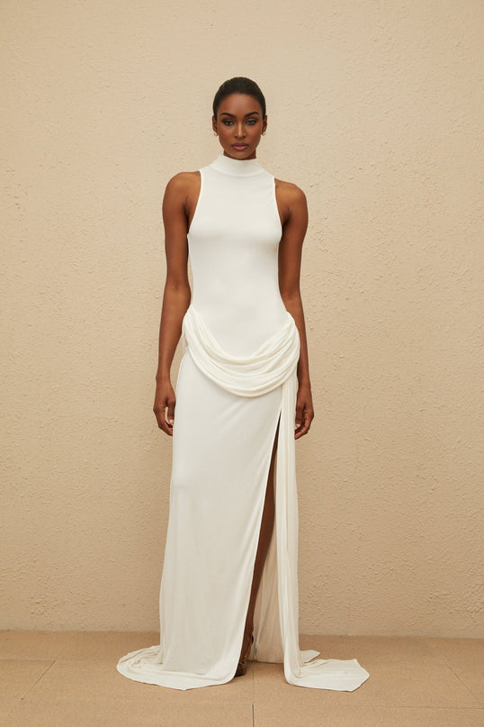 Michelina White Maxi Dress with Turtleneck and Ruched Embellishments