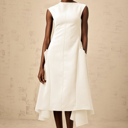 Michelina White Midi Dress Twill Weave Cape Sleeves Silver Hardware Full Skirt Rear Zip Fastening