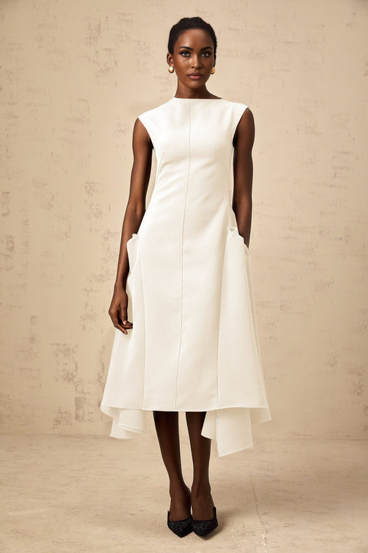 Michelina White Midi Dress Twill Weave Cape Sleeves Silver Hardware Full Skirt Rear Zip Fastening