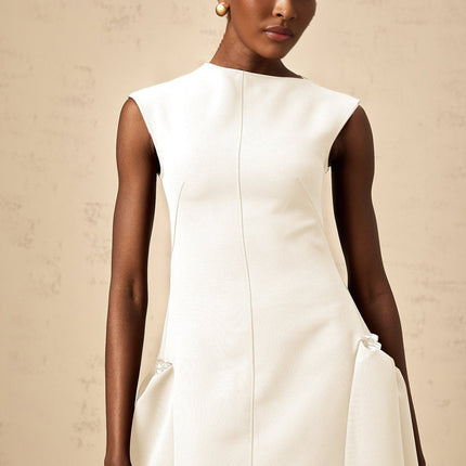 Michelina White Midi Dress Twill Weave Cape Sleeves Silver Hardware Full Skirt Dart Detailing Rear Zip Fastening Cotton Terylene Viscose