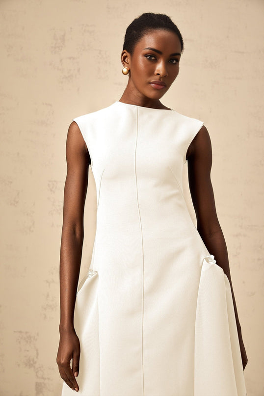 Michelina White Midi Dress Twill Weave Cape Sleeves Silver Hardware Full Skirt Dart Detailing Rear Zip Fastening Cotton Terylene Viscose