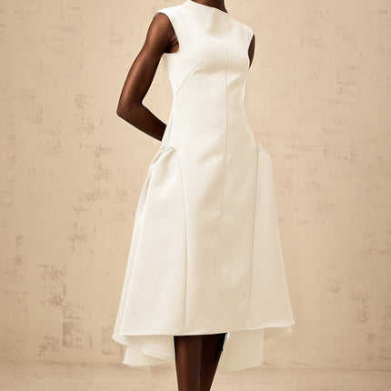 Michelina White Midi Dress Twill Weave Cape Sleeves Silver Hardware Full Skirt Rear Zip Fastening