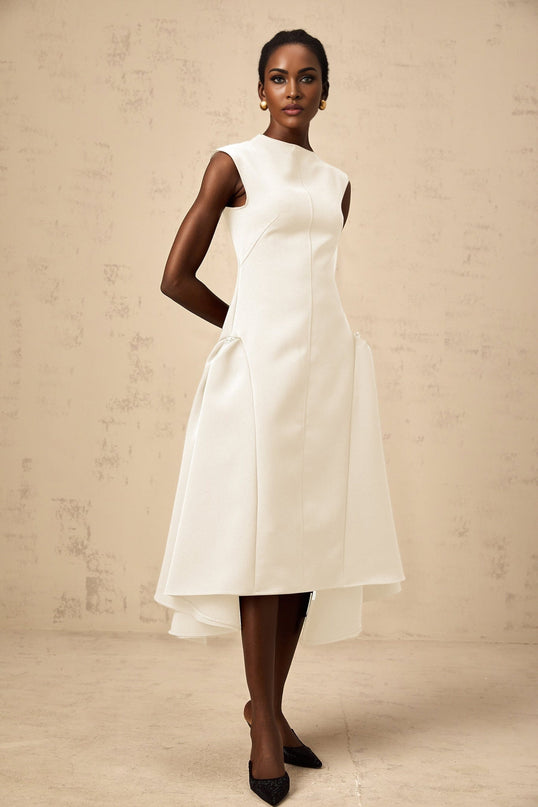 Michelina White Midi Dress Twill Weave Cape Sleeves Silver Hardware Full Skirt Rear Zip Fastening