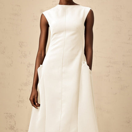 Michelina White Midi Dress with Cape Sleeves and Silver Hardware