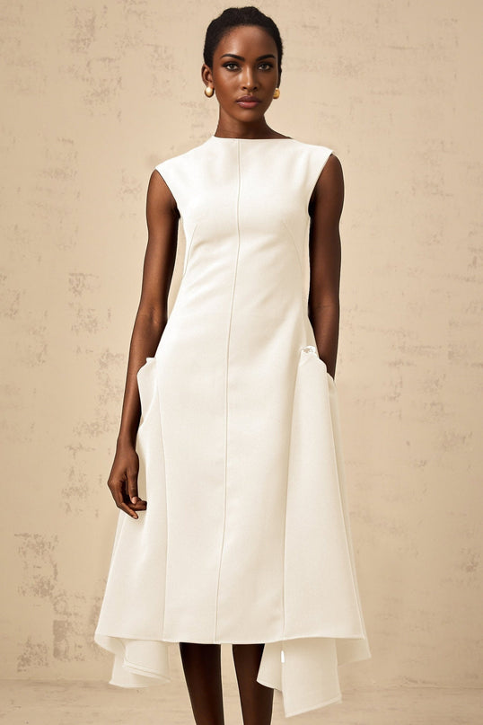 Michelina White Midi Dress with Cape Sleeves and Silver Hardware
