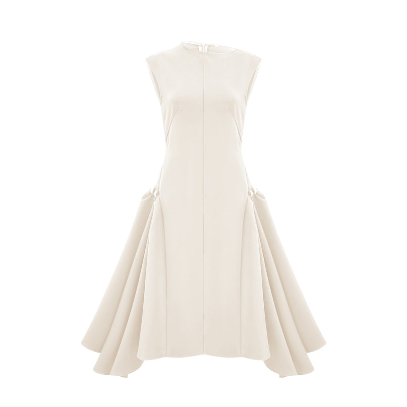 Michelina White Midi Dress Twill Weave Cape Sleeves Silver Hardware Full Skirt Fitted Waist Dart Detailing Rear Zip Fastening Special Occasions 55% Cotton 40% Terylene 5% Viscose