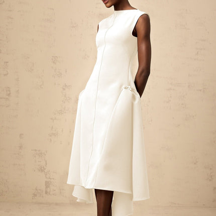 Michelina White Midi Dress Twill Weave Cape Sleeves Silver Hardware Full Skirt