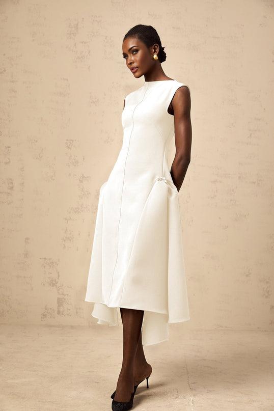 Michelina White Midi Dress Twill Weave Cape Sleeves Silver Hardware Full Skirt