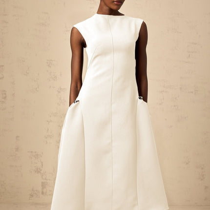 Michelina White Midi Dress with Cape Sleeves and Silver Hardware