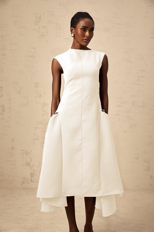 Michelina White Midi Dress with Cape Sleeves and Silver Hardware