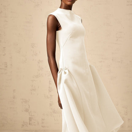 Michelina White Midi Dress Twill Weave Cape Sleeves Silver Hardware Full Skirt Rear Zip Fastening Cotton Terylene Viscose Blend