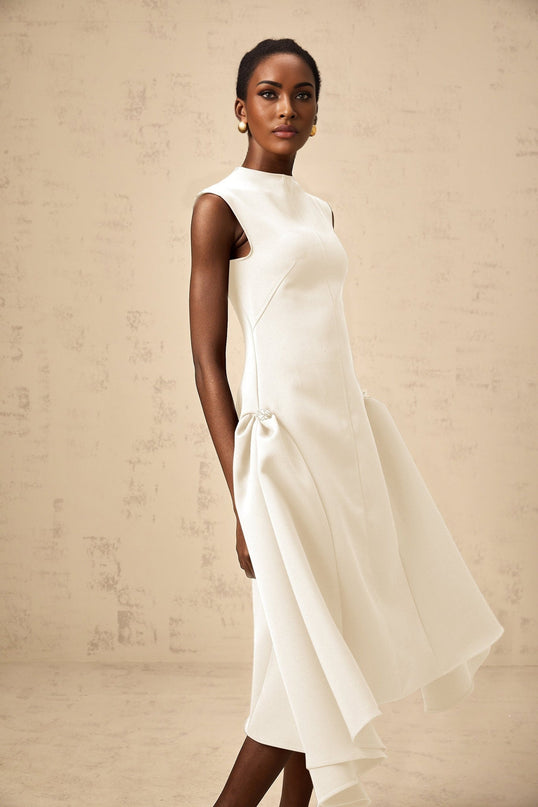 Michelina White Midi Dress Twill Weave Cape Sleeves Silver Hardware Full Skirt Rear Zip Fastening Cotton Terylene Viscose Blend