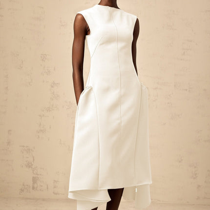 Michelina White Midi Dress Twill Weave Cape Sleeves Silver Hardware Full Skirt Fitted Waist Dart Detailing Rear Zip Fastening
