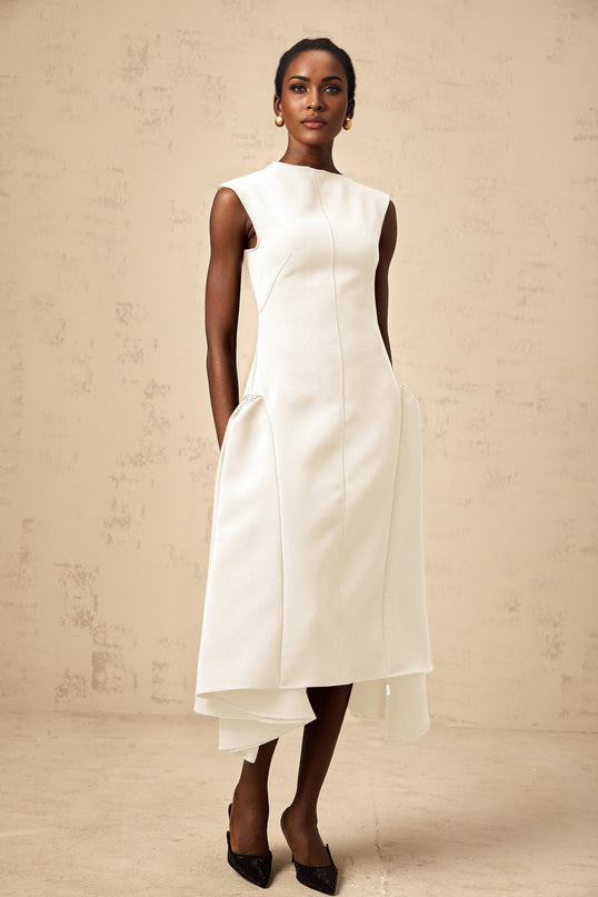 Michelina White Midi Dress Twill Weave Cape Sleeves Silver Hardware Full Skirt Fitted Waist Dart Detailing Rear Zip Fastening