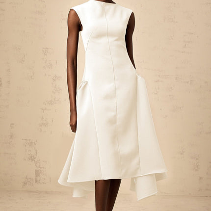 Michelina White Midi Dress with Cape Sleeves and Silver-Tone Hardware