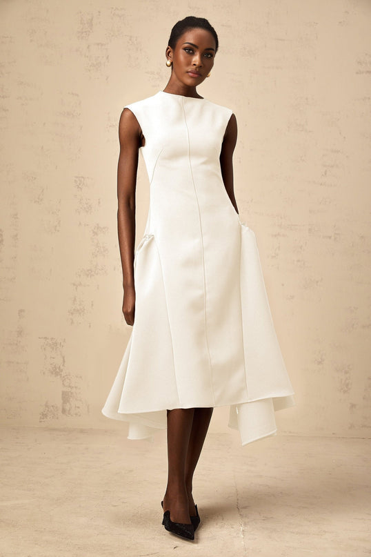Michelina White Midi Dress with Cape Sleeves and Silver-Tone Hardware