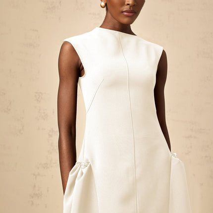 Michelina White Midi Dress with Cape Sleeves and Silver-Tone Hardware