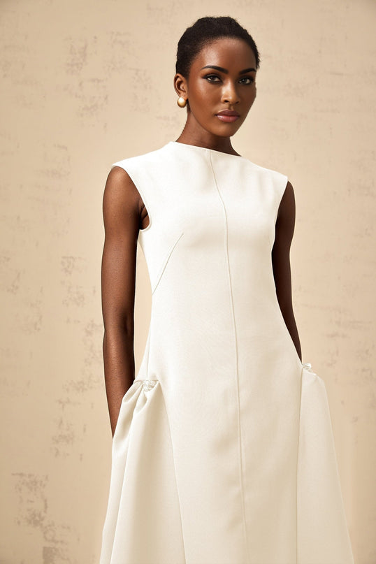 Michelina White Midi Dress with Cape Sleeves and Silver-Tone Hardware