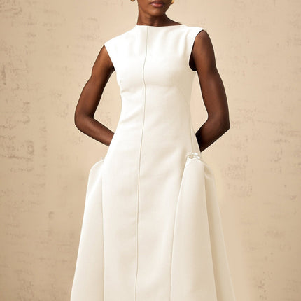 Michelina White Midi Dress Twill Weave Cape Sleeves Silver Hardware Full Skirt Fitted Waist Dart Detailing Rear Zip Fastening Cotton Terylene Viscose Blend Special Occasions Elegant Statement Piece