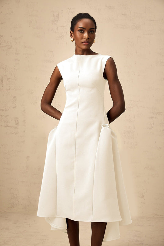 Michelina White Midi Dress Twill Weave Cape Sleeves Silver Hardware Full Skirt Fitted Waist Dart Detailing Rear Zip Fastening Cotton Terylene Viscose Blend Special Occasions Elegant Statement Piece