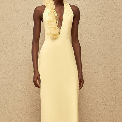 Michelina Yellow Maxi Dress Halterneck 3D-Petal Detailing Open Back Tulle Paneling Side Zip Fastening Terylene Fiber Special Occasions Formal Events