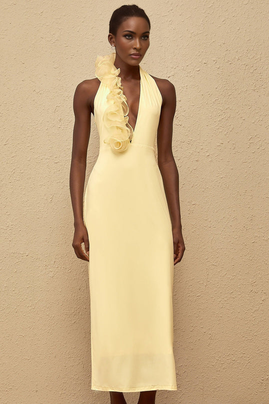 Michelina Yellow Maxi Dress Halterneck 3D-Petal Detailing Open Back Tulle Paneling Side Zip Fastening Terylene Fiber Special Occasions Formal Events