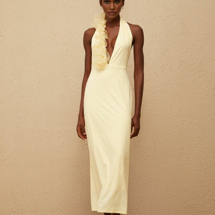 Michelina Yellow Maxi Dress Halterneck 3D Petal Fitted Waistline Open Back Tulle Paneling Side Zip Fastening 100% Terylene Fiber Formal Events