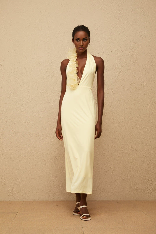 Michelina Yellow Maxi Dress Halterneck 3D Petal Fitted Waistline Open Back Tulle Paneling Side Zip Fastening 100% Terylene Fiber Formal Events