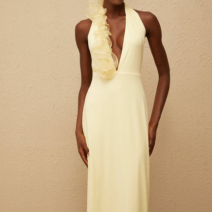 Michelina Yellow Maxi Dress Halterneck 3D-Petal Detailing Open Back Tulle Paneling Side Zip Fastening 100% Terylene Fiber