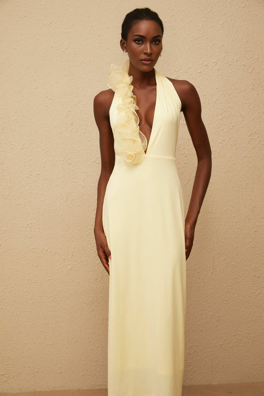 Michelina Yellow Maxi Dress Halterneck 3D-Petal Detailing Open Back Tulle Paneling Side Zip Fastening 100% Terylene Fiber